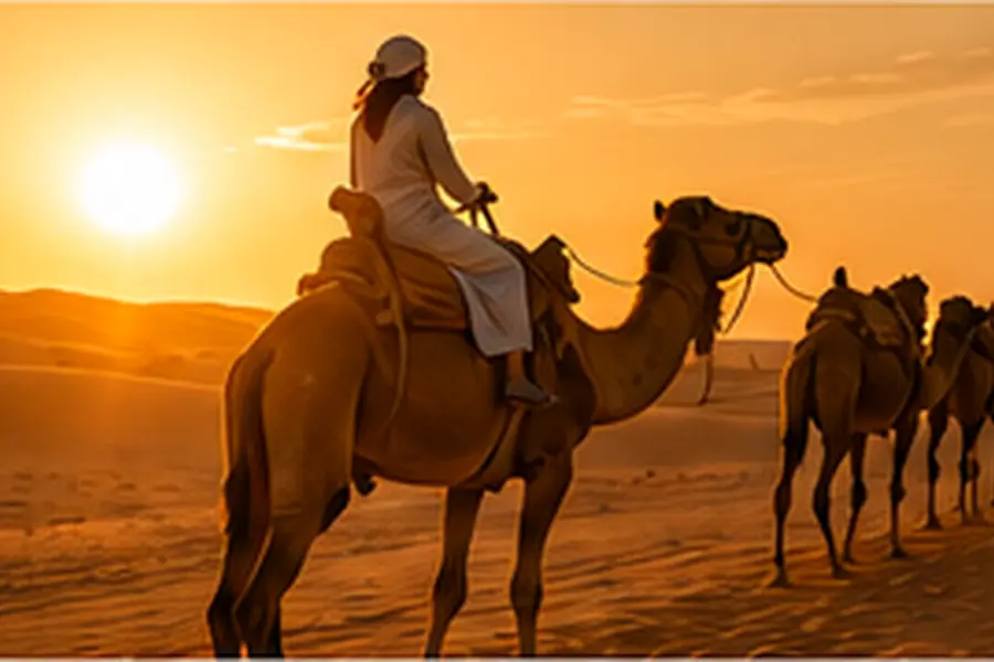 ركوب الجمل في الصحراء وقت الغروب المغرب